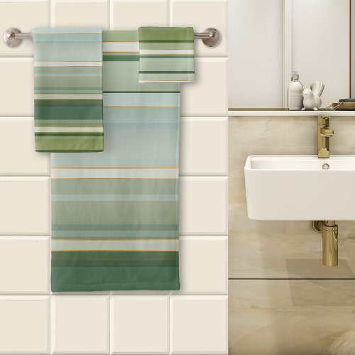 Elegant Pine Green Pale Turquoise Striped Bath Towel Set