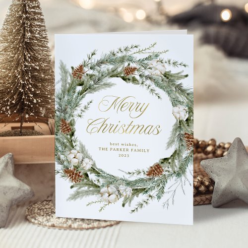 Elegant Pine Greenery  Gold Merry Christmas Holiday Card