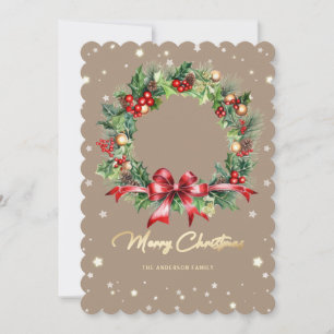 Elegant Pine Holly Berries Wreath Ornaments Photo Holiday Card