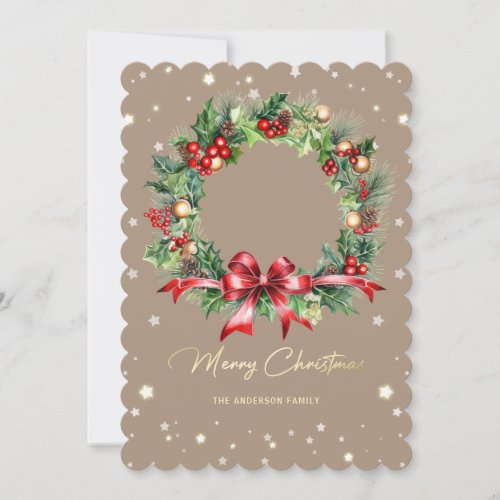Elegant Pine Holly Berries Wreath Ornaments Photo Holiday Card