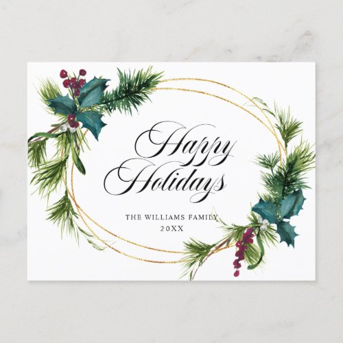 Elegant Pine Holly Berry Christmas Greeting Holiday Postcard