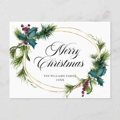 Elegant Pine Holly Berry Christmas Greeting Holiday Postcard