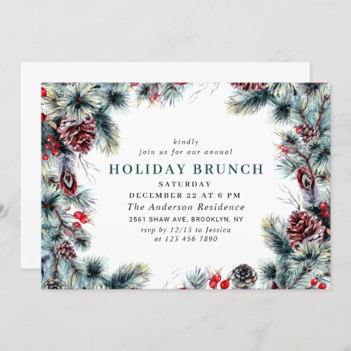 Elegant Pine Holly Berry Christmas Holiday Brunch Invitation