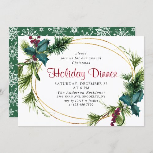 Elegant Pine Holly Berry Christmas Holiday Dinner Invitation