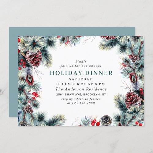 Elegant Pine Holly Berry CHRISTMAS HOLIDAY DINNER Invitation