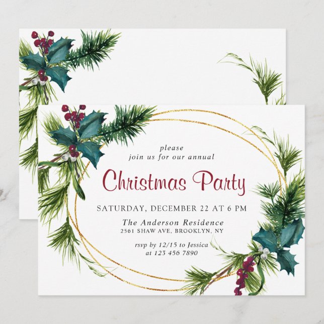 Elegant Pine Holly Berry Christmas Holiday Party Invitation (Front/Back)