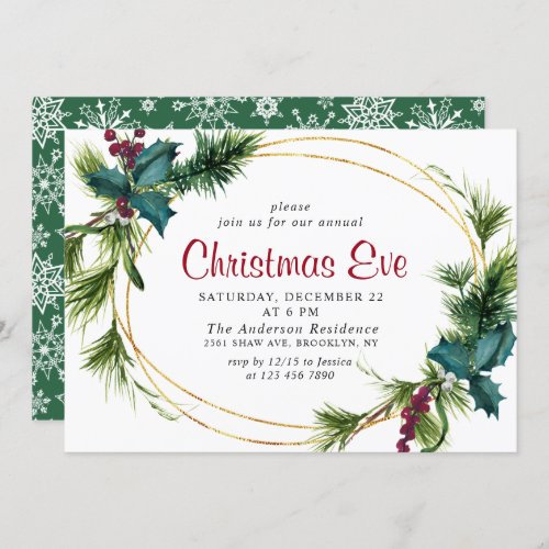 Elegant Pine Holly Berry Holiday Christmas Eve Invitation