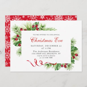 Elegant Pine Holly Berry Holiday Christmas Eve Invitation