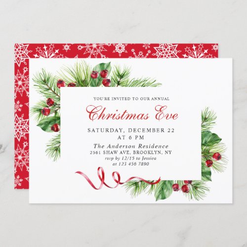 Elegant Pine Holly Berry Holiday Christmas Eve Invitation