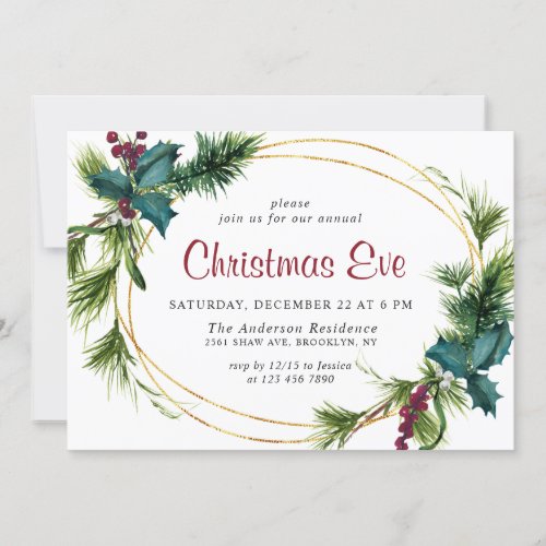 Elegant Pine Holly Berry Holiday Christmas Eve Invitation