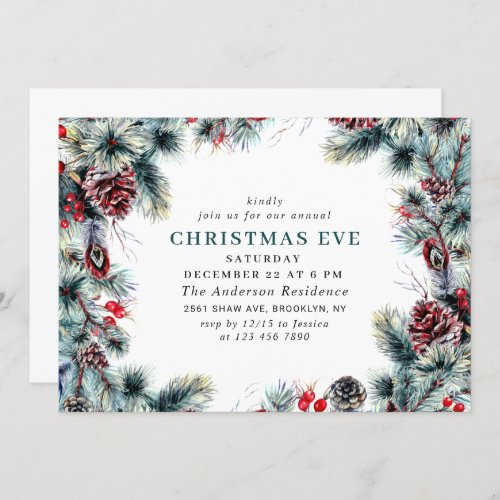 Elegant Pine Holly Berry Holiday CHRISTMAS EVE Invitation