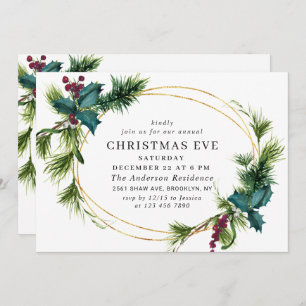 Elegant Pine Holly Berry Holiday CHRISTMAS EVE Invitation