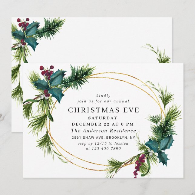 Elegant Pine Holly Berry Holiday CHRISTMAS EVE Invitation (Front/Back)