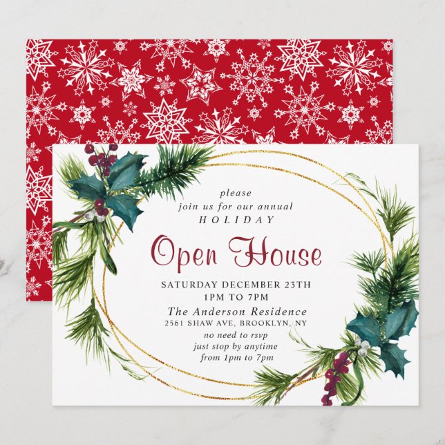 Elegant Pine Holly Christmas Holiday Open House Invitation (Front/Back)