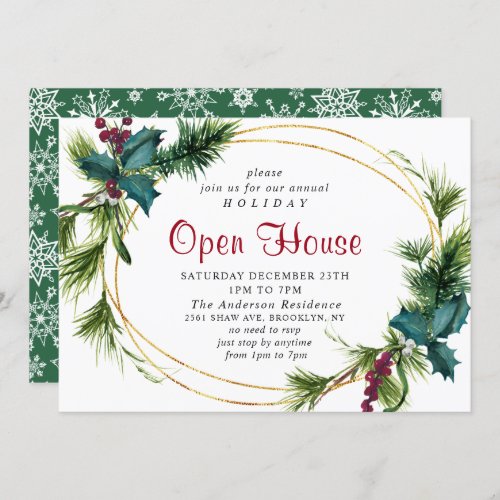 Elegant Pine Holly Christmas Holiday Open House Invitation
