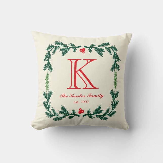 Elegant Pine Monogram Holiday Throw Pillow (Front)