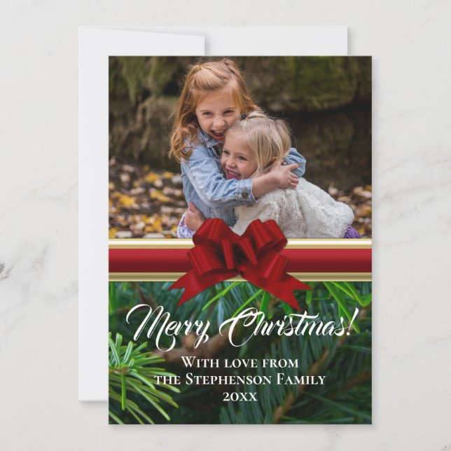 Elegant Pine Red Bow Christmas Photo Holiday Card (Front)