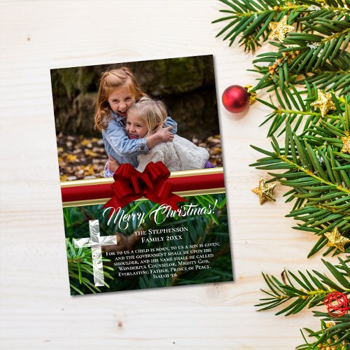 Elegant Pine Red Bow Religious Bible Verse Photo Holiday Card