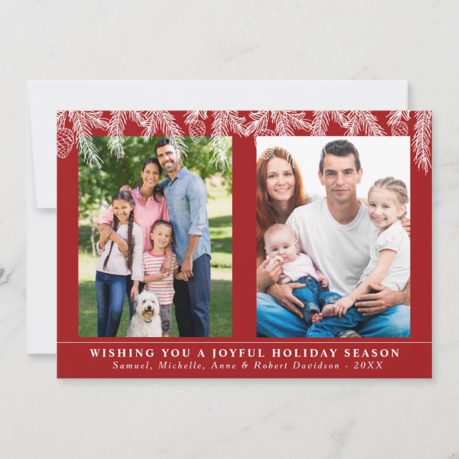 Elegant Pine Snowflakes Family Photos Christmas Holiday Card (Front)