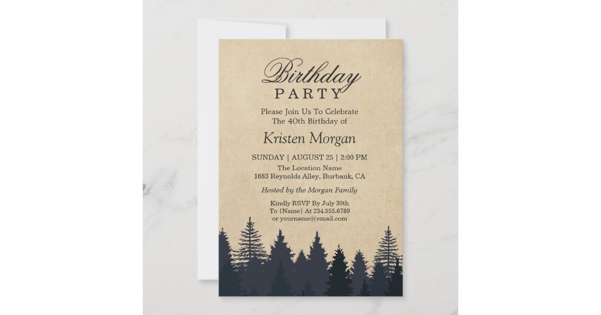 Elegant Pine Tree Kraft Birthday Party Invitation Zazzle