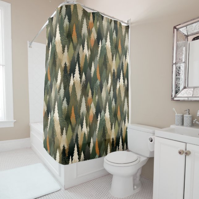 Elegant Pine Tree Pattern | Rustic Forest Shower Curtain (In Situ)