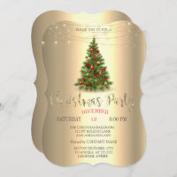 Elegant Pine Tree,String Lights Gold Christmas  Invitation