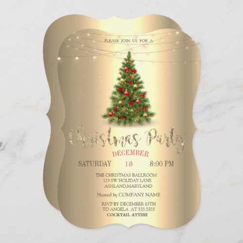 Elegant Pine TreeString Lights Gold Christmas  Invitation