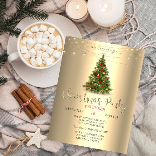 Elegant Pine TreeString Lights Gold Christmas  Invitation