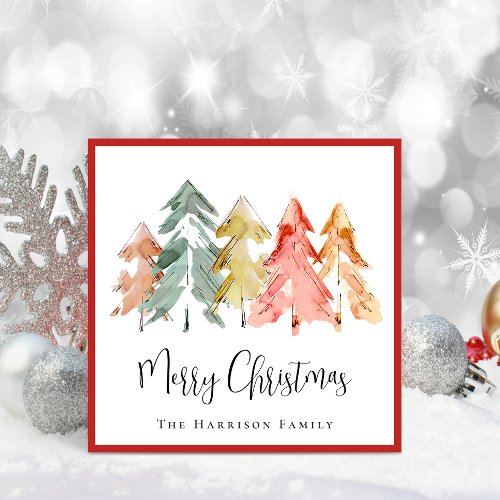 Elegant Pine Tree Watercolor Photo Christmas Holiday Card