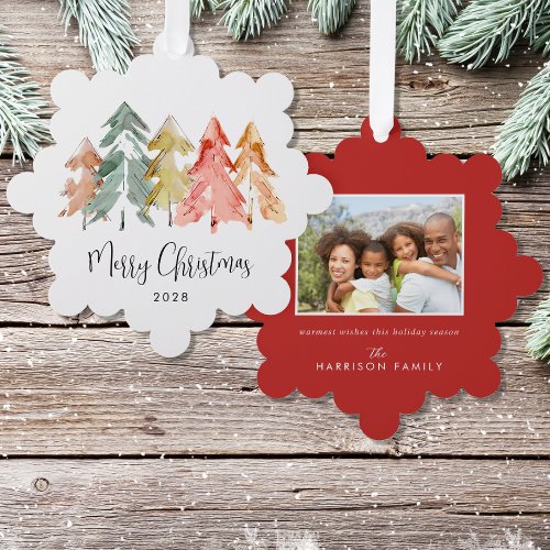 Elegant Pine Tree Watercolor Photo Merry Christmas Ornament Card