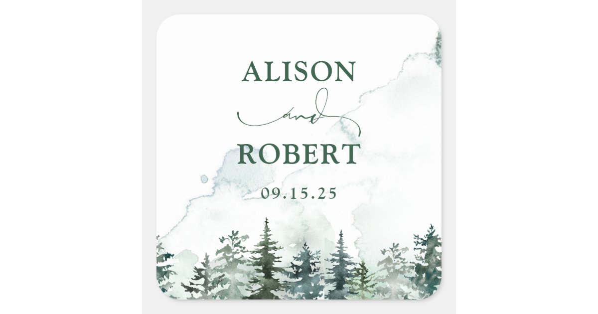 Elegant Pine Trees Forest Calligraphy Wedding Square Sticker | Zazzle