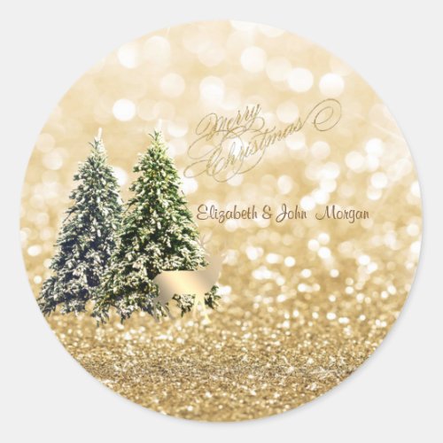 ElegantPine Trees Gold DeerGlittery Bokeh Classic Round Sticker