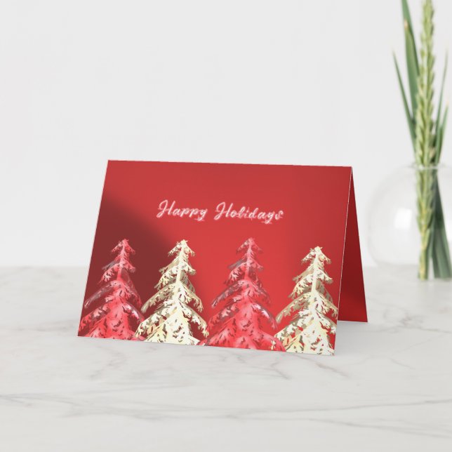 Elegant Pine Trees Red Corporate Holiday Card (Front)