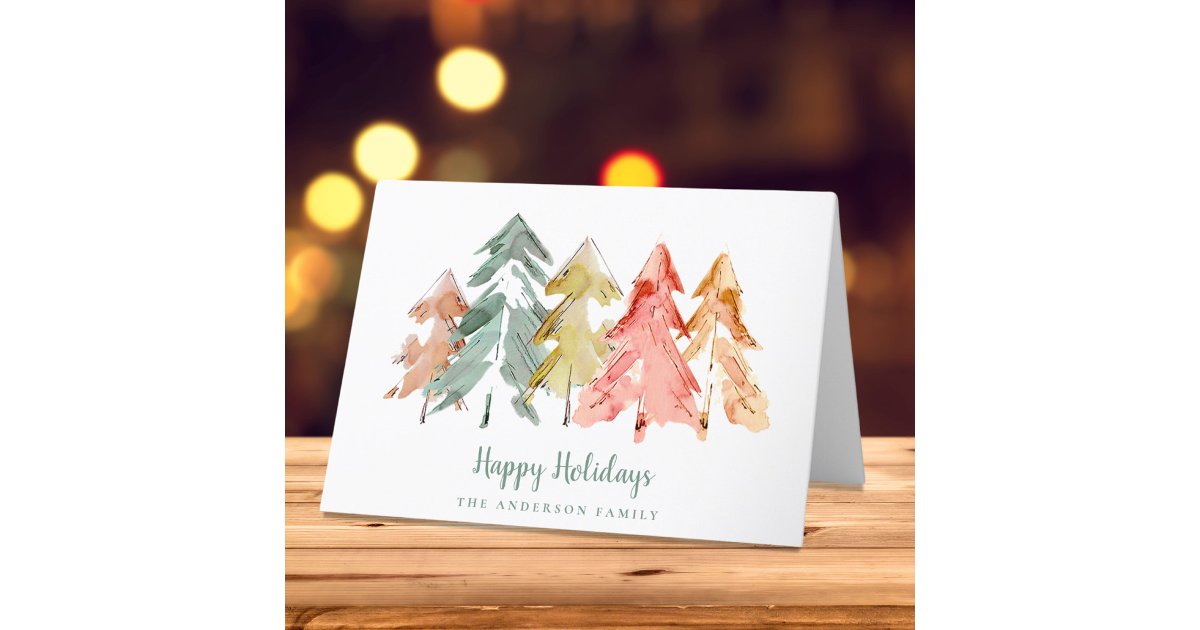 Elegant Pine Trees Watercolor Christmas Holiday Card | Zazzle