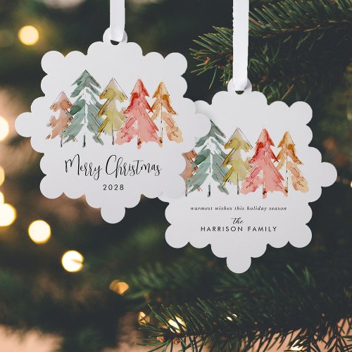 Elegant Pine Trees Watercolor Merry Christmas Ornament Card