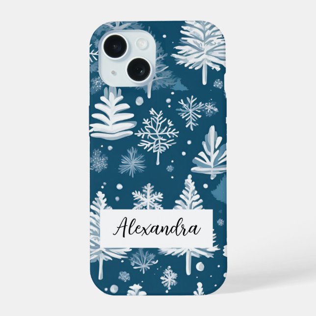 Elegant Pine Trees with Falling Snowflakes Winter iPhone 15 Case (Back)