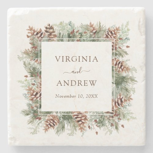 Elegant Pine Wedding Stone Coaster