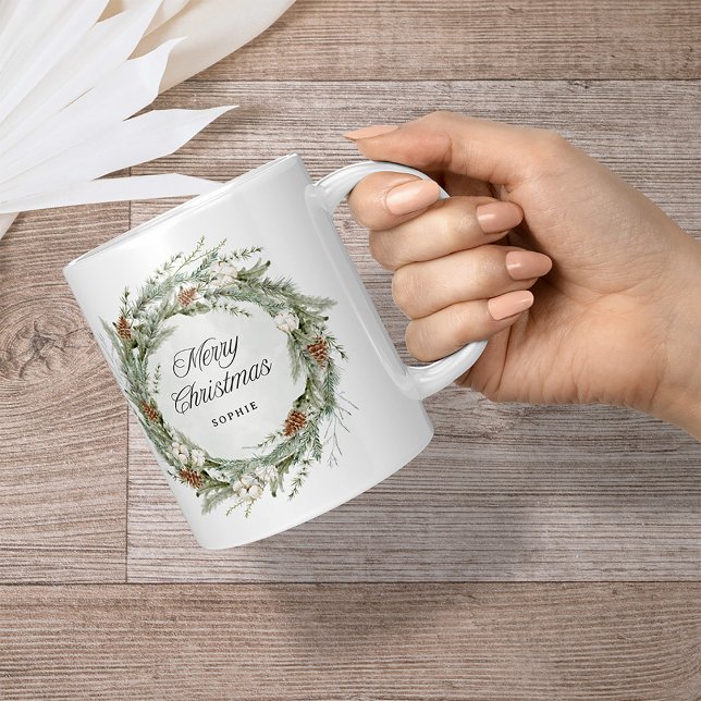 Elegant Pine Wreath and Greenery | Merry Christmas Coffee Mug (An elegant holiday mug)