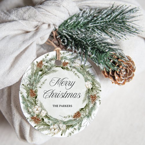 Elegant Pine Wreath and Greenery  Merry Christmas Favor Tags