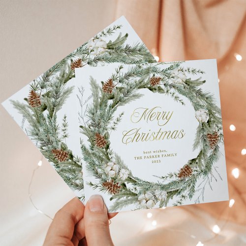 Elegant Pine Wreath and Greenery  Merry Christmas Holiday Card