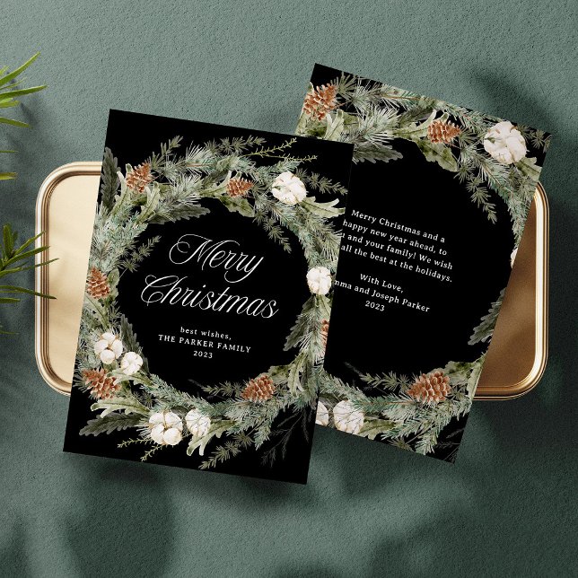 Elegant Pine Wreath and Greenery | Merry Christmas Holiday Card (An elegant, dark holiday card with a classic Christmas wreath and a black background)