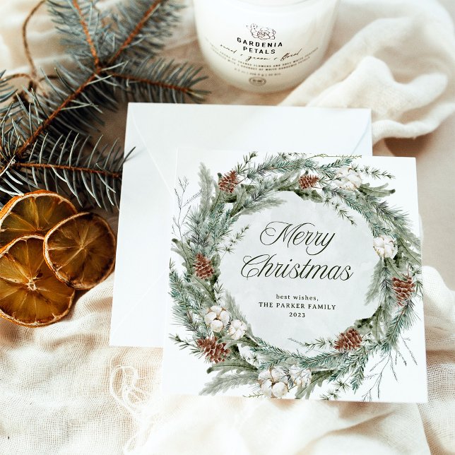 Elegant Pine Wreath and Greenery | Merry Christmas Holiday Card (A simple and elegant botanical Christmas wreath decorates this stunning holiday card)