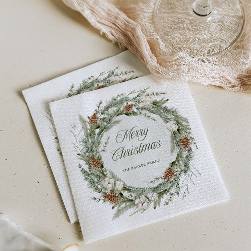 Elegant Pine Wreath and Greenery  Merry Christmas Napkins