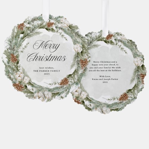 Elegant Pine Wreath and Greenery  Merry Christmas Ornament Card