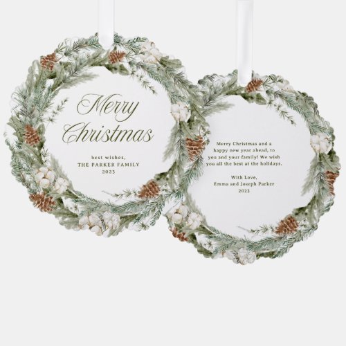 Elegant Pine Wreath and Greenery  Merry Christmas Ornament Card