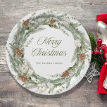 Elegant Pine Wreath and Greenery | Merry Christmas Paper Plates<br><div class="desc">These stunning holiday paper plates feature a Christmas wreath with elegant botanical greenery foliage,  and pine cones with festive white flowers. Modern script calligraphy says "Merry Christmas."</div>