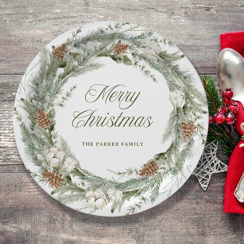 Elegant Pine Wreath and Greenery  Merry Christmas Paper Plates