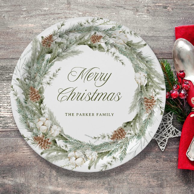 Elegant Pine Wreath and Greenery | Merry Christmas Paper Plates (A classic and elegant Christmas pine wreath decorates these paper plates)