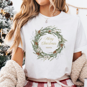 Elegant Pine Wreath and Greenery Merry Christmas Tri-Blend Shirt