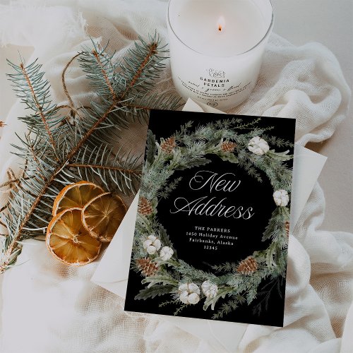 Elegant Pine Wreath Black  Christmas New Address Holiday Card